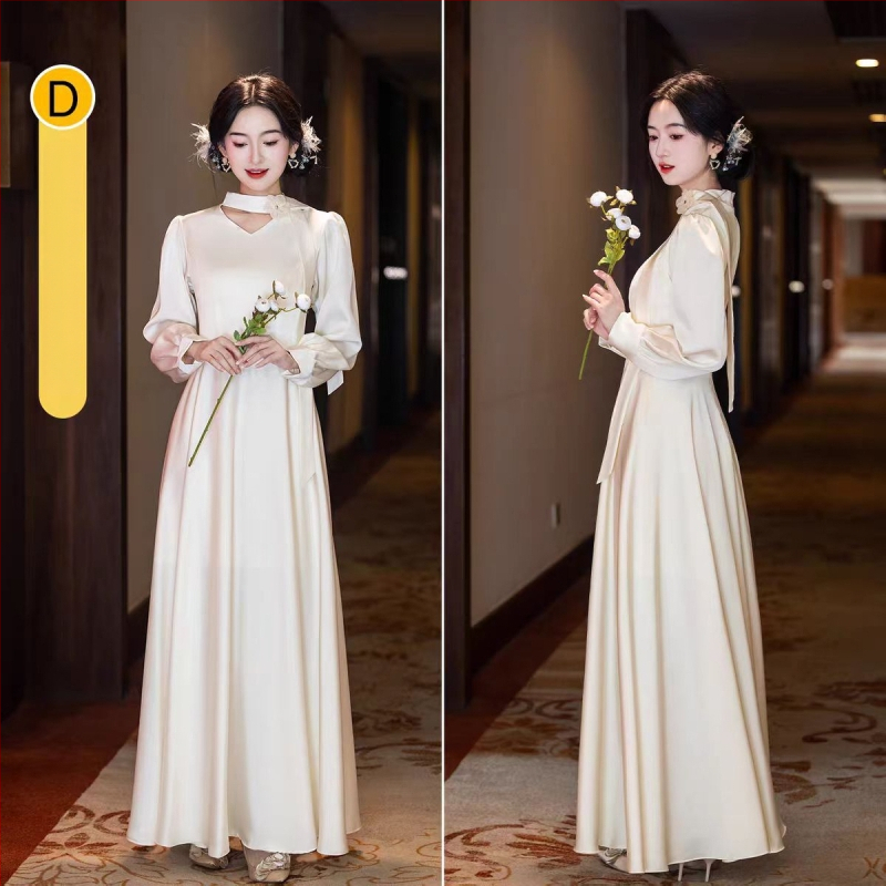 Шампанено сатенено рокля за шаферки, дълъг ръкав; А-линия; квадратно деколте; полиестер със спандекс (≤30%); 2025 есенно-зимна колекция