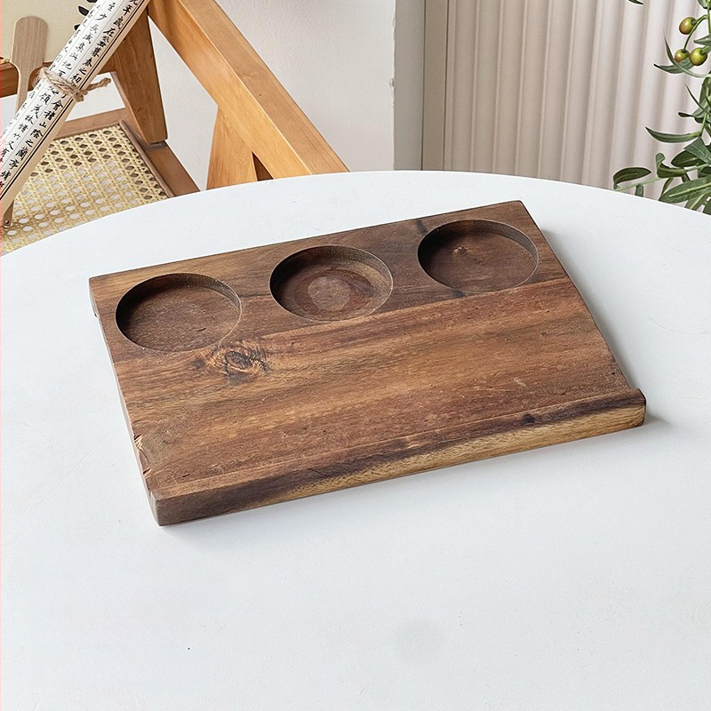 Nauja Kinijos stiliaus arbatos ir gėrimų padėklas su akrilo viršutine dalimi ir medine baze su trimis skylėmis