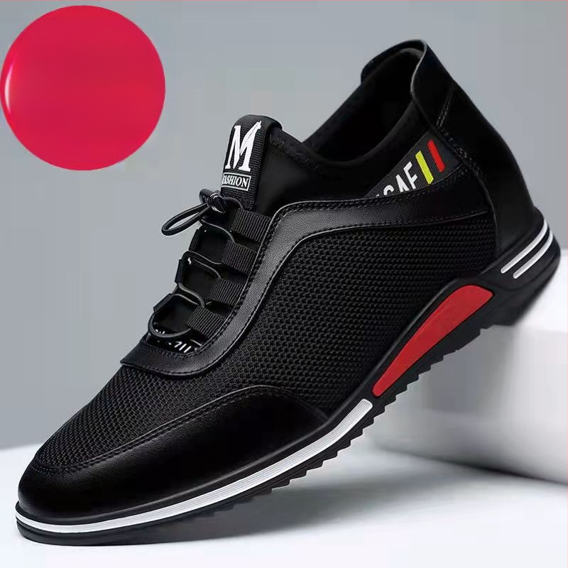 Férfi mindennapi edzőcipő belső magasítóval 3-5 cm, bőr felsőrész, lélegző gumitalp