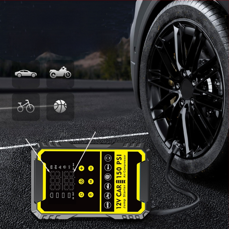 Autóindító készülék beépített pumpával és digitális gumiabroncs-szivattyúval, mindent egyben autóakku és power bank, CE tanúsítvány, bemenet 5/9V, kimenet 5V