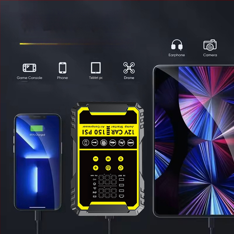 Autóindító készülék beépített pumpával és digitális gumiabroncs-szivattyúval, mindent egyben autóakku és power bank, CE tanúsítvány, bemenet 5/9V, kimenet 5V