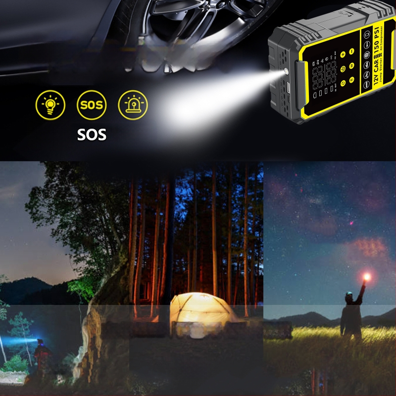 Autóindító készülék beépített pumpával és digitális gumiabroncs-szivattyúval, mindent egyben autóakku és power bank, CE tanúsítvány, bemenet 5/9V, kimenet 5V