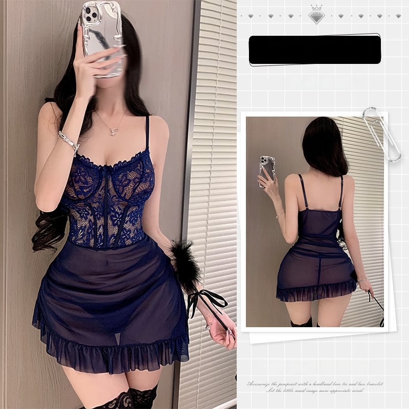 Szexi csipkés női fehérnemű szett, áttetsző hálóinggel és acél gyűrűvel, poliészter