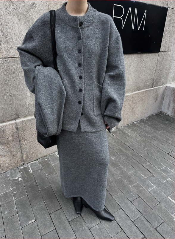 Digm Γυναικείο Πλεκτό Σετ Καρντγιάν, Φουλάρι και Φούστα — Μονόχρωμο, Πλεκτή Υφή, Μακριά Μανίκια, Μακριά Φούστα, Χειμώνας 2025