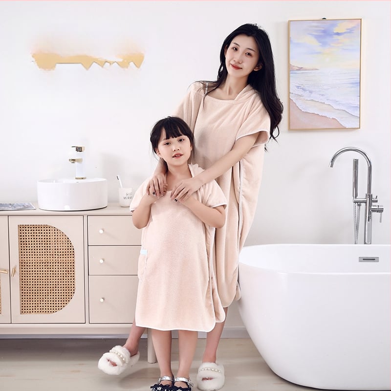 Ρόμπα μπάνιου από κοραλλένιο φλίς για ενήλικες και παιδιά, με κουκούλα, unisex, σετ γονέα-παιδιού, γρήγορο στέγνωμα και υψηλή απορροφητικότητα; ύφασμα: κοραλλένιο φλίς; βασικό υλικό: πολυεστέρας 85%