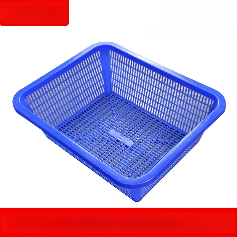 Debeli plastični pravokutni koš za pohranu s odvodom, plave boje, za povrće i voće.