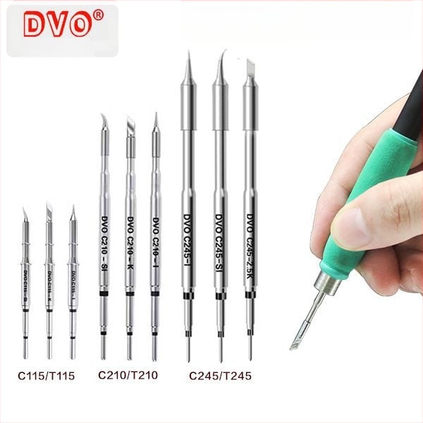 C210 litavimo antgalis; varis, be švino; antgalio formos: pointed head / knife head / curved head; temperatūros diapazonas 0–500°C; maksimali galia 150W; suderinamas su GVM/JBC/OSS/T26 stotelėmis