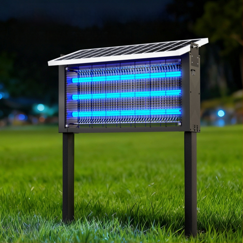 Napelemes szúnyogriasztó lámpa kültérre — vízálló, elektromos sokkoló; lefedettség 100–400 m²; 1500 mAh+ akkumulátor; levehető akkumulátor.