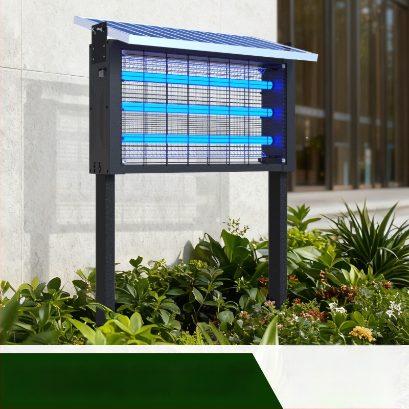 Napelemes szúnyogriasztó lámpa kültérre — vízálló, elektromos sokkoló; lefedettség 100–400 m²; 1500 mAh+ akkumulátor; levehető akkumulátor.