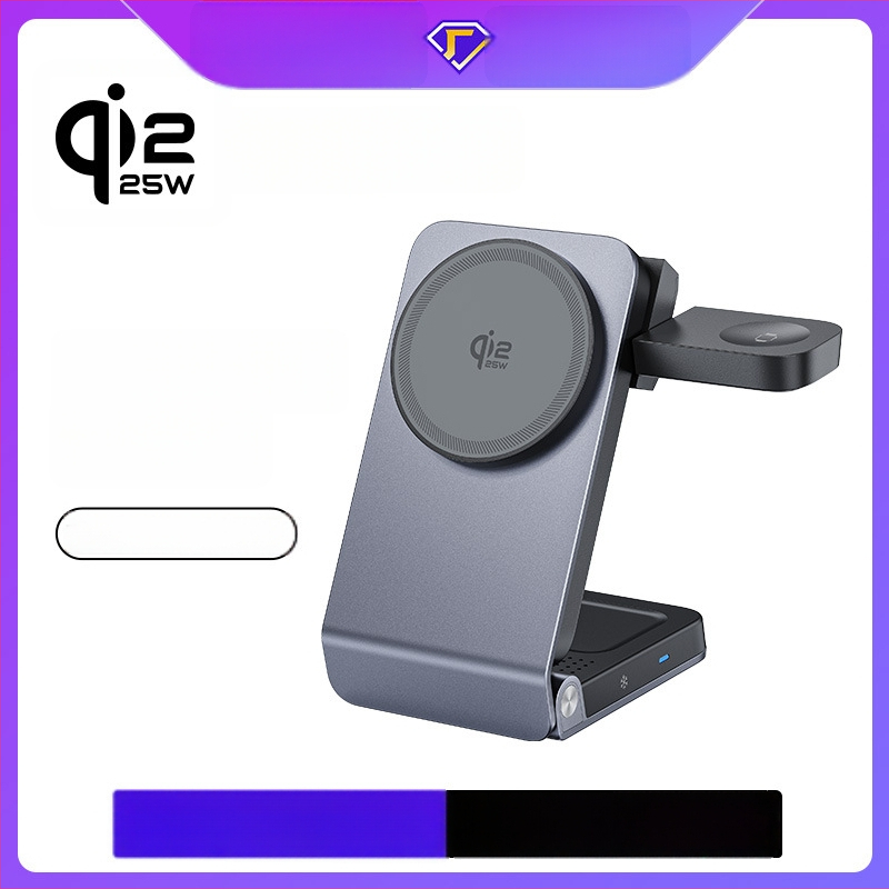 Suport de încărcare wireless cu încărcare magnetică, răcire, aliaj de aluminiu, Qi 2.2, 25W, 3 în 1