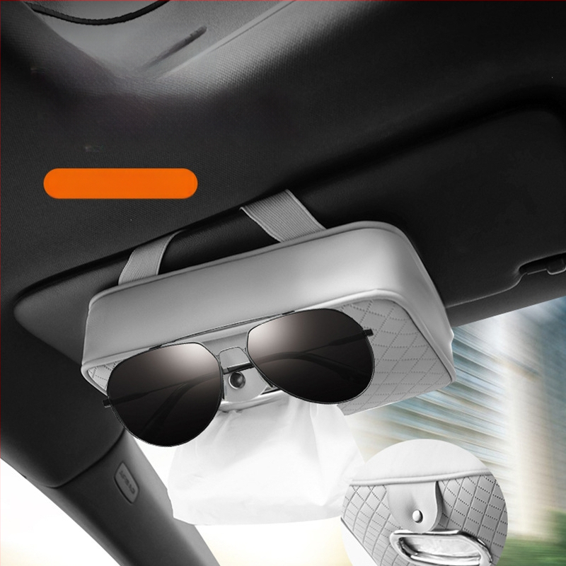 Δερμάτινο κουτί χαρτοπετσέτας αυτοκινήτου με λουρί, για ηλιοπροστασία και μαξιλαράκι βραχίονα, κλιπ γυαλιών