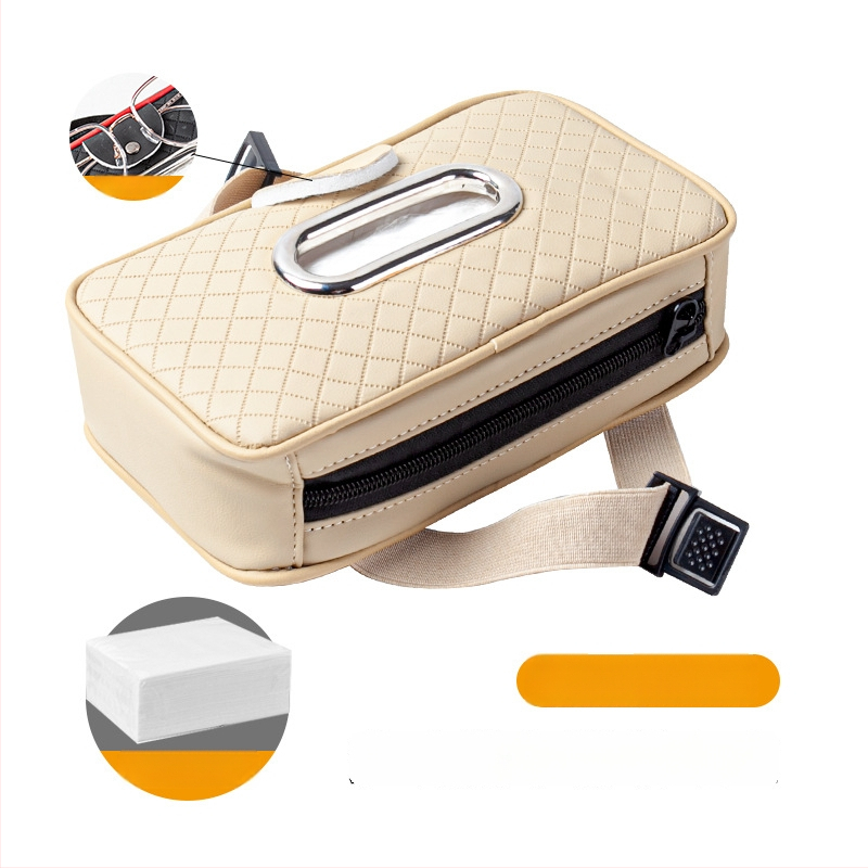 Δερμάτινο κουτί χαρτοπετσέτας αυτοκινήτου με λουρί, για ηλιοπροστασία και μαξιλαράκι βραχίονα, κλιπ γυαλιών