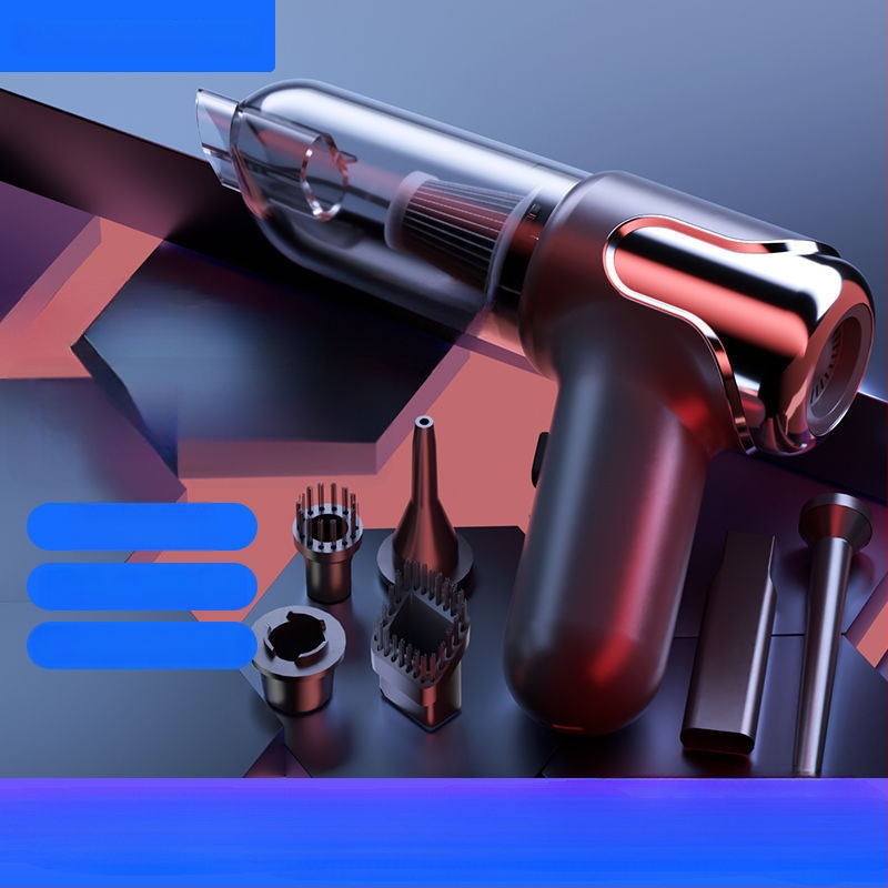 Juhtmevaba käeshoitav tolmuimeja auto ja kodu – 50W, imemine 15,1–20 kPa, sisseehitatud aku 1001–1600 mAh, kuni 3 tundi tööd, müra <36 dB, LED valgustus; komplektis tsüklonotsik, nurkharja, kahe‑ühes puhastus/imeotsik