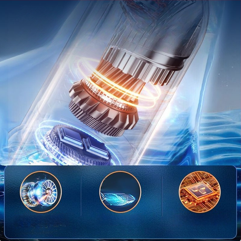 Juhtmevaba käeshoitav tolmuimeja auto ja kodu – 50W, imemine 15,1–20 kPa, sisseehitatud aku 1001–1600 mAh, kuni 3 tundi tööd, müra <36 dB, LED valgustus; komplektis tsüklonotsik, nurkharja, kahe‑ühes puhastus/imeotsik