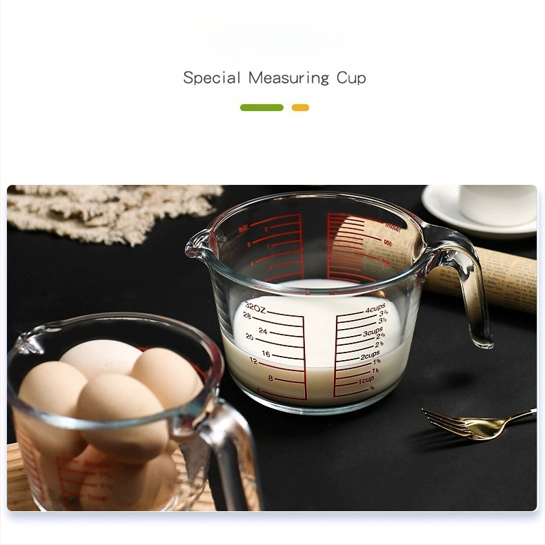 Fogantyús mérőpohár, boroszilikát üveg, graduált skálázás, vastagított, hőálló otthoni konyhához