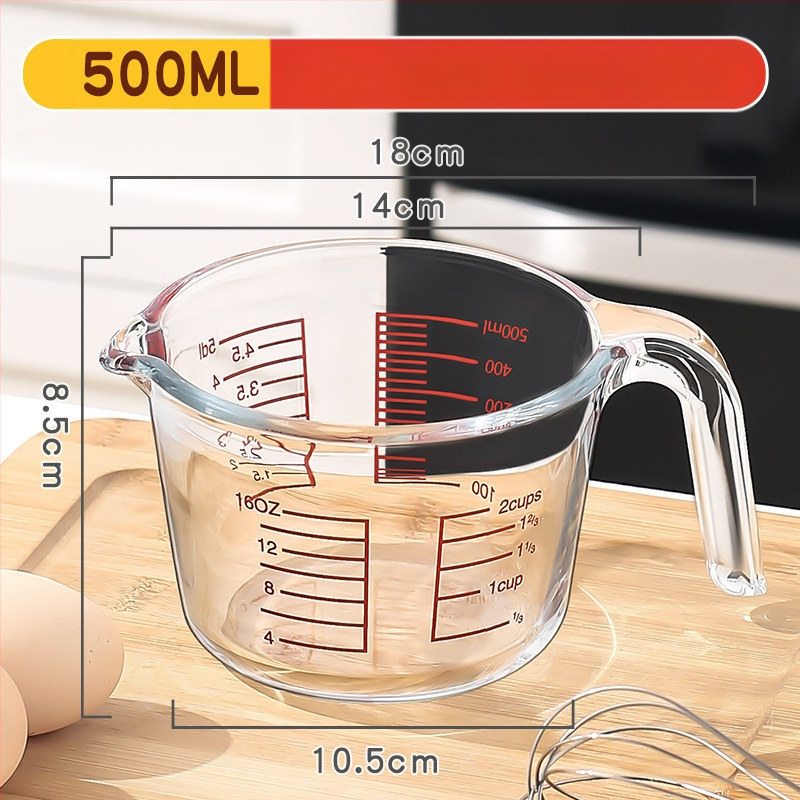 Fogantyús mérőpohár, boroszilikát üveg, graduált skálázás, vastagított, hőálló otthoni konyhához