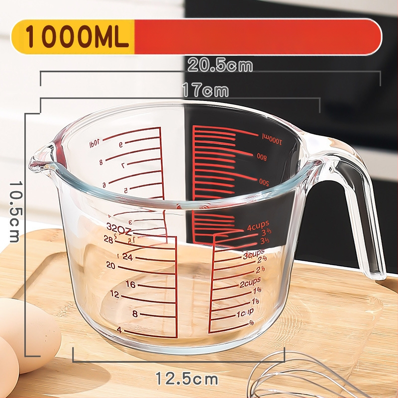 Fogantyús mérőpohár, boroszilikát üveg, graduált skálázás, vastagított, hőálló otthoni konyhához