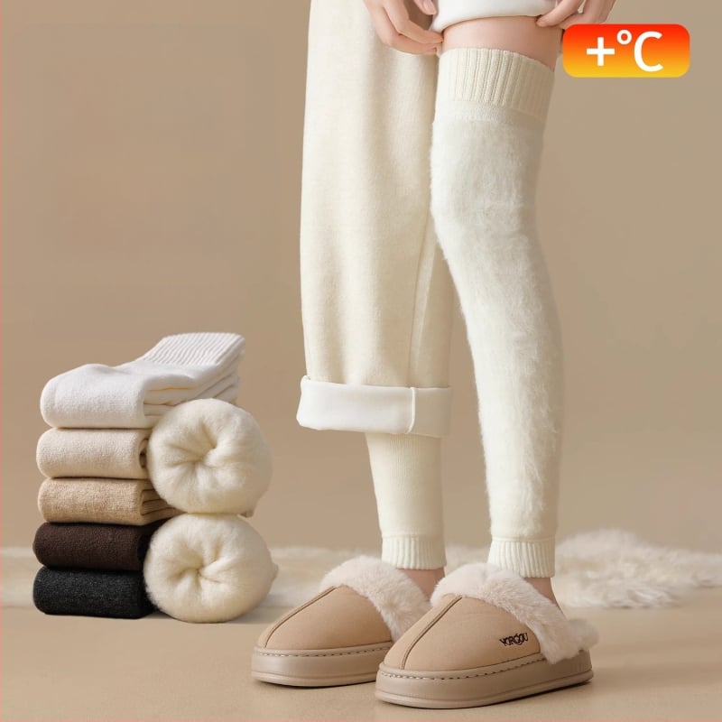 Șosete de femei peste genunchi din lână, căptușite cu fleece, groase pentru iarnă, stil minimalist, model solid, tricot cu un ac