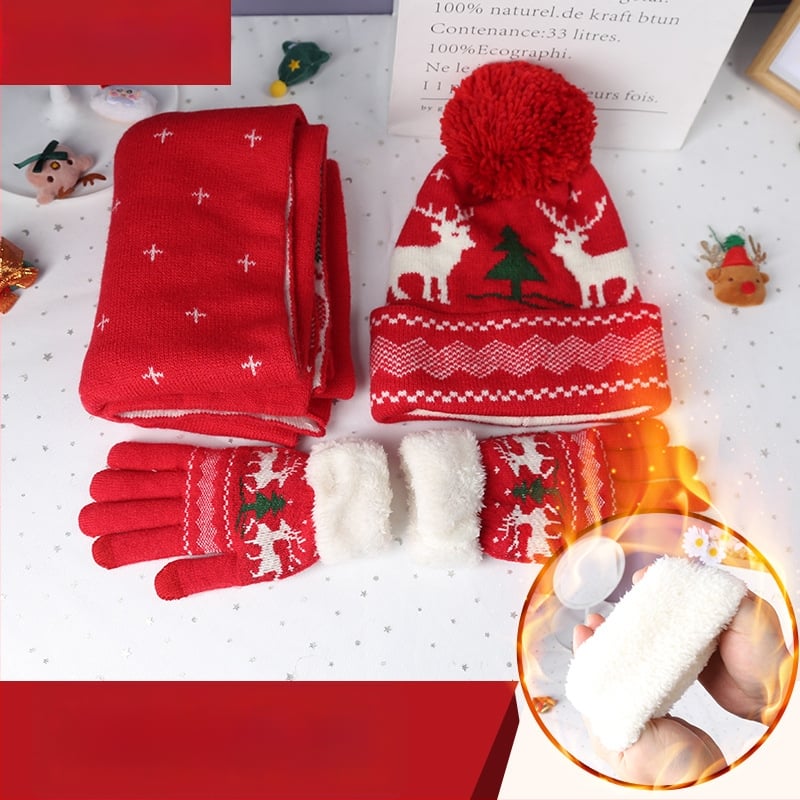 Set cadou de Crăciun din trei piese, călduros: fular tricotat, mănuși și rochie cu căptușeală de fleece, cu modele de cerbi și fulgi de zăpadă