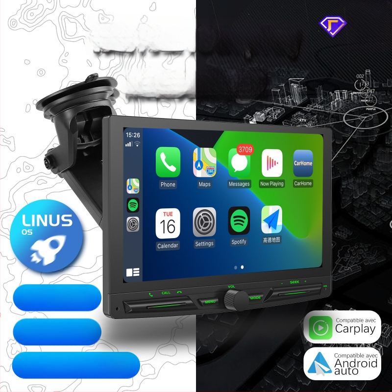 Ecran portabil wireless CarPlay, cu înregistrare auto și navigație la marșarier, model PS7002, display LCD, suport SD card, alimentare prin brichetă