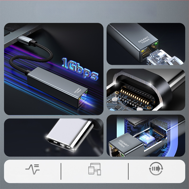 Adaptor USB-C către RJ45 Gigabit DK03 – USB 3.0, 10/100/1000 Mbps, indicator LED, compatibil Windows 11/10/8.1/8, macOS, iOS, Android