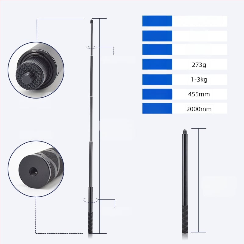 Baston selfie extensibil pentru Insta360 ONE R / X2 / EVO, mâner din aliaj de aluminiu, priză din burete și curea de încheietură; sarcină maximă 2–5 kg