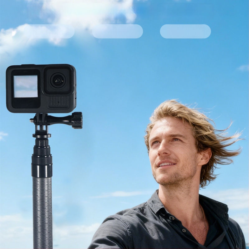 Monopod selfie din carbon cu 7 secțiuni, montaj 1/4 inch și interfețe duale, compatibil cu camere de acțiune și telefoane, sarcină maximă 2 kg