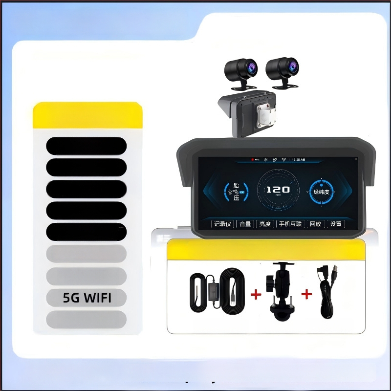 Mt9a Dviračio dviejų kamerų dash cam su CarPlay, padangos slėgio stebėjimas ir aklųjų zonų aptikimas, 150° matymo kampas, 5MP, microSD iki 64GB, 12V