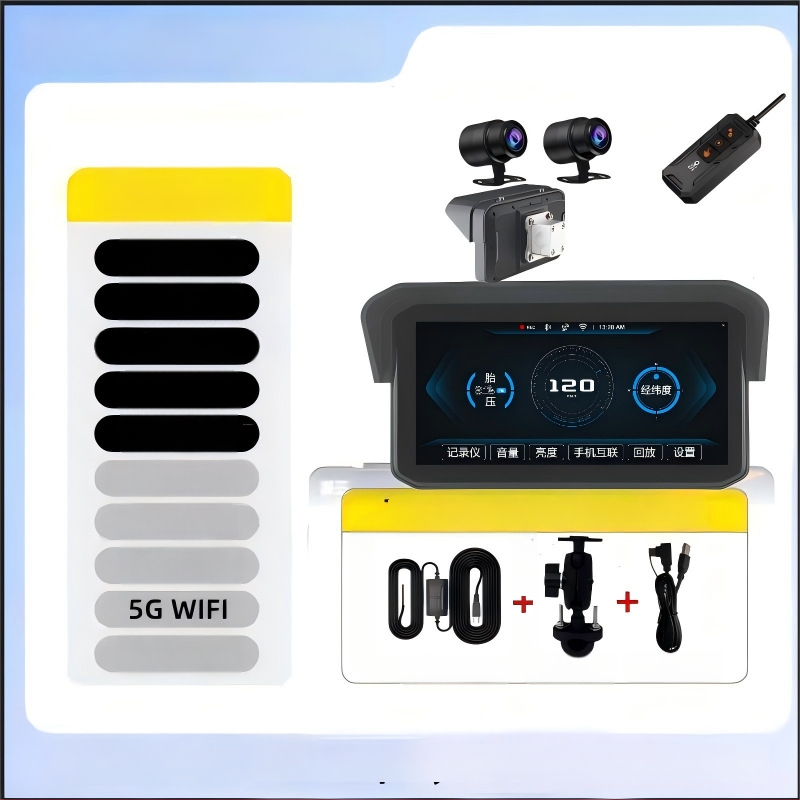 Mt9a Dviračio dviejų kamerų dash cam su CarPlay, padangos slėgio stebėjimas ir aklųjų zonų aptikimas, 150° matymo kampas, 5MP, microSD iki 64GB, 12V