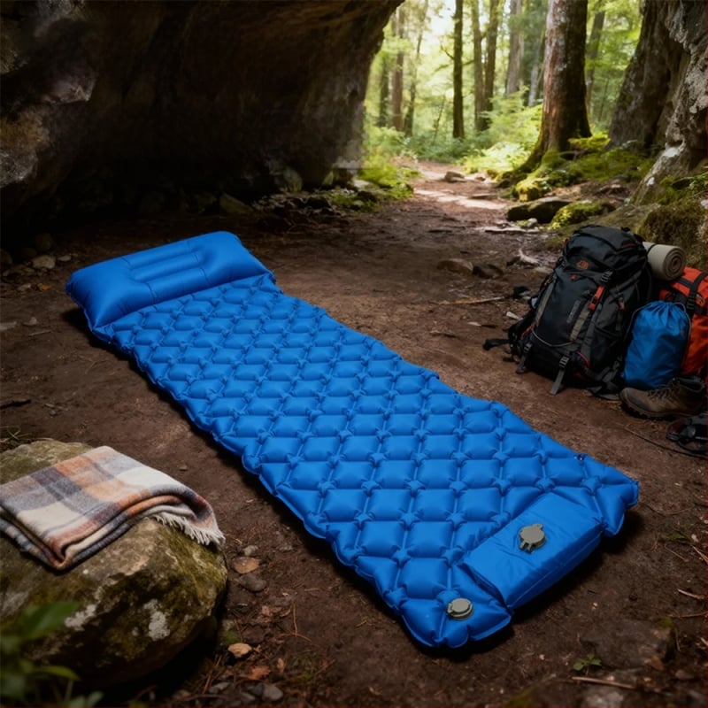 Saltea gonflabilă de camping portabilă cu pernă și pompă manuală, 40D nylon TPU; pentru 1–2 persoane; greutate 600 g