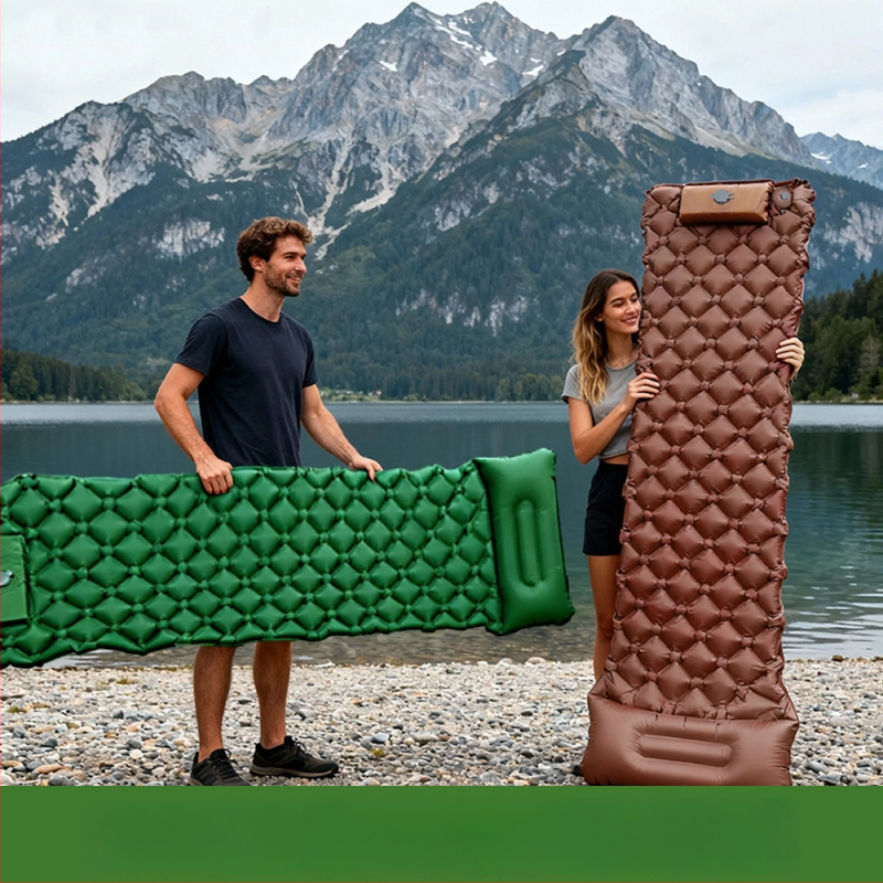 Saltea gonflabilă de camping portabilă cu pernă și pompă manuală, 40D nylon TPU; pentru 1–2 persoane; greutate 600 g