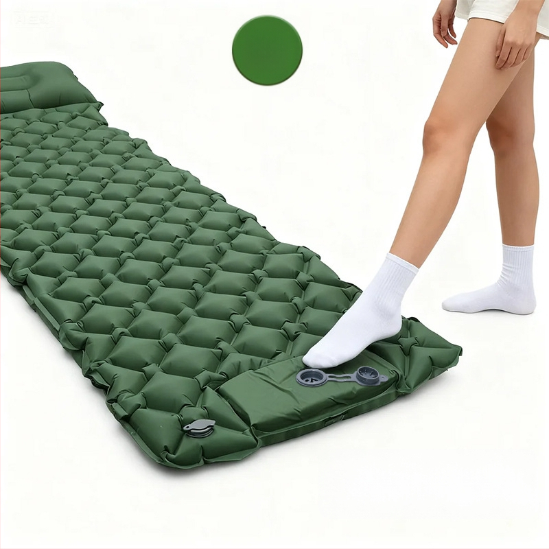 Saltea gonflabilă de camping portabilă cu pernă și pompă manuală, 40D nylon TPU; pentru 1–2 persoane; greutate 600 g