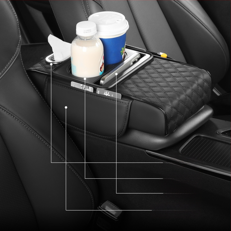Visu vienā auto roku balsts ar ādas apdari, dzērienu glāzes turētājs un salvetes kastīte, Modelis 086, Universālā saderība, Svars 400