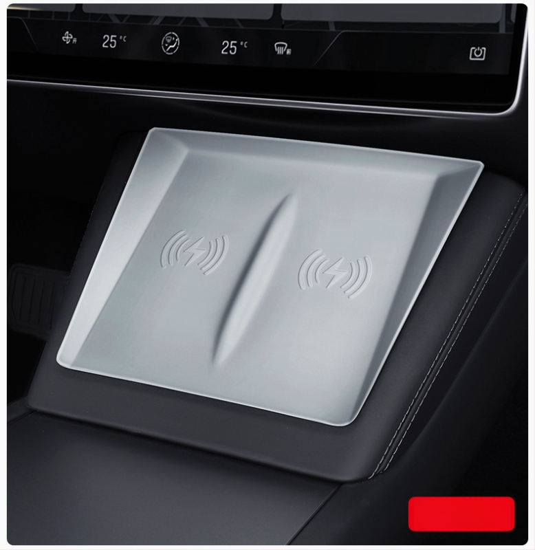 Silikona centra konsoles paliktnis Tesla Model 3 (2023) — pret-slīdēšana, zīmols Pure, drukāts logotips