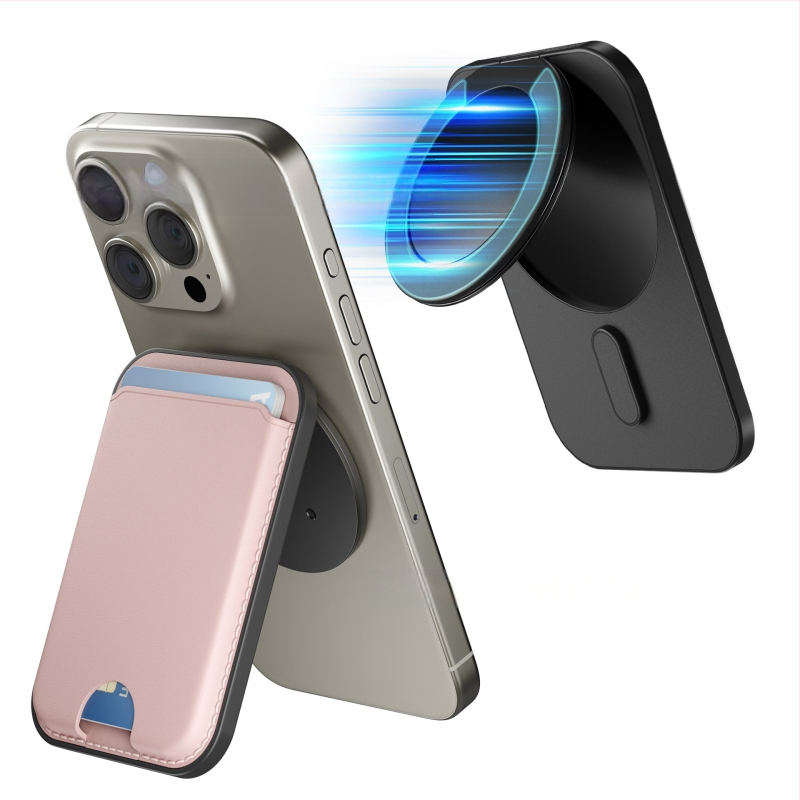 MagSafe kortų dėklas iPhone — imitacinė oda, daug kampų stovėjimo padėtis, magnetinis užsegimas, pritaikymas ir logotipo spausdinimas