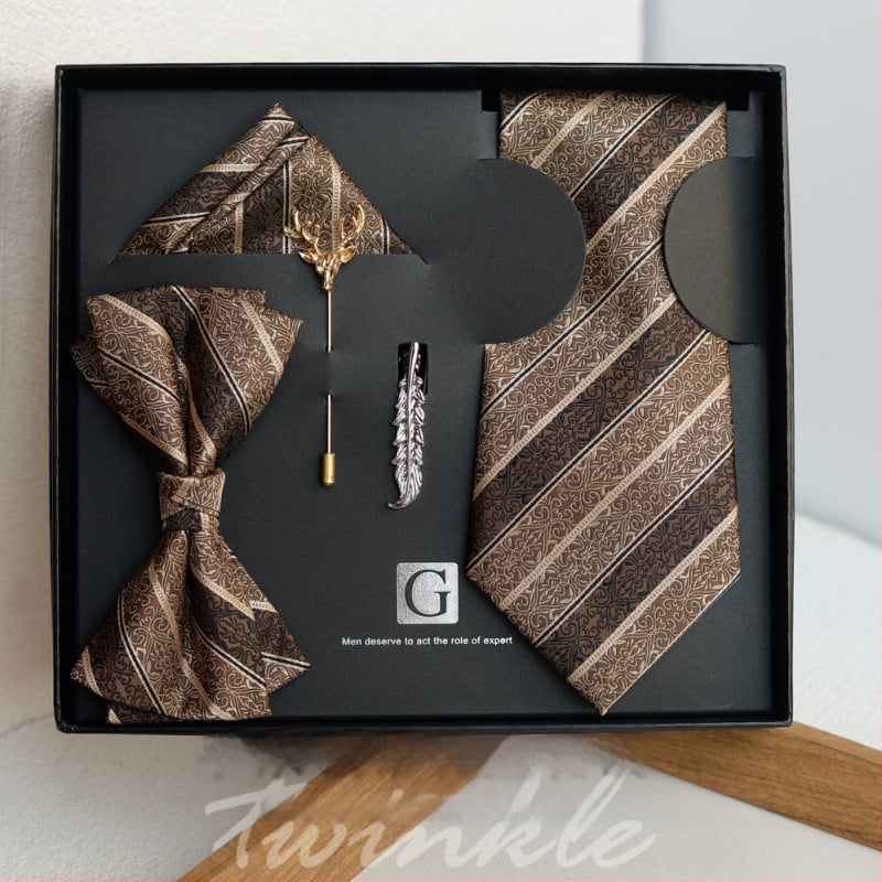 Set cravată și papion cu batistă de buzunar, model dungat, lățime obișnuită, poliester-satin, jacquard, fără nod, pentru nunți și afaceri