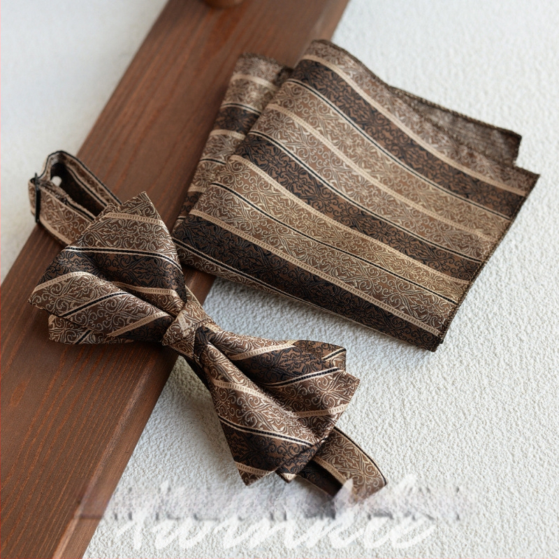 Set cravată și papion cu batistă de buzunar, model dungat, lățime obișnuită, poliester-satin, jacquard, fără nod, pentru nunți și afaceri