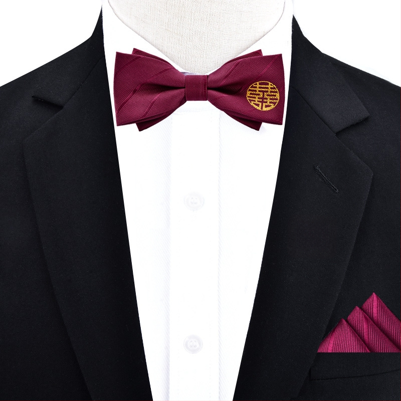 Papion trei piese, set cu batistă de buzunar și boutonniere • poliester • stil masculin • lățime standard