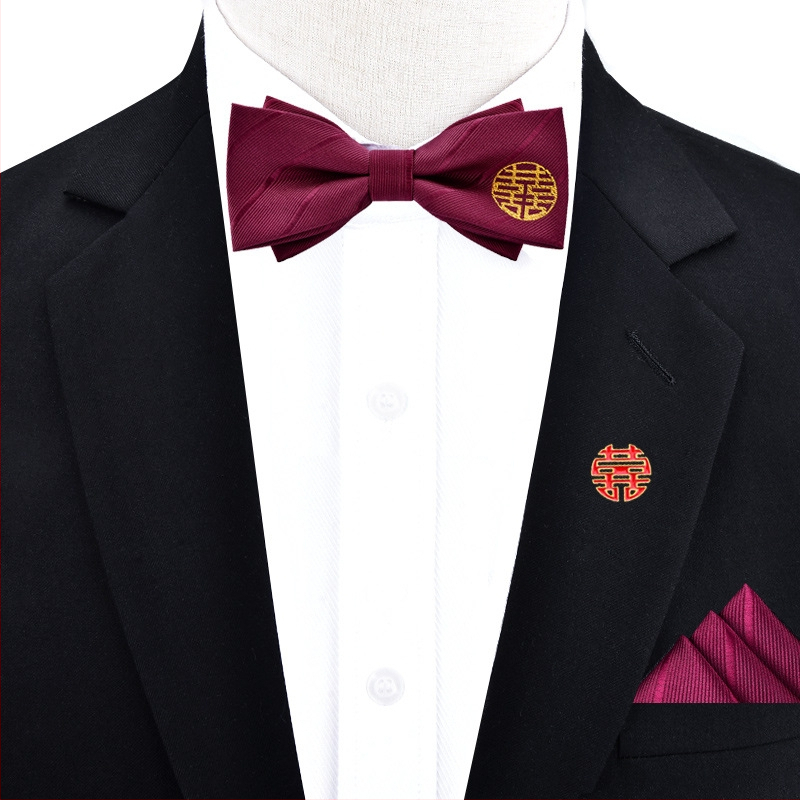 Papion trei piese, set cu batistă de buzunar și boutonniere • poliester • stil masculin • lățime standard