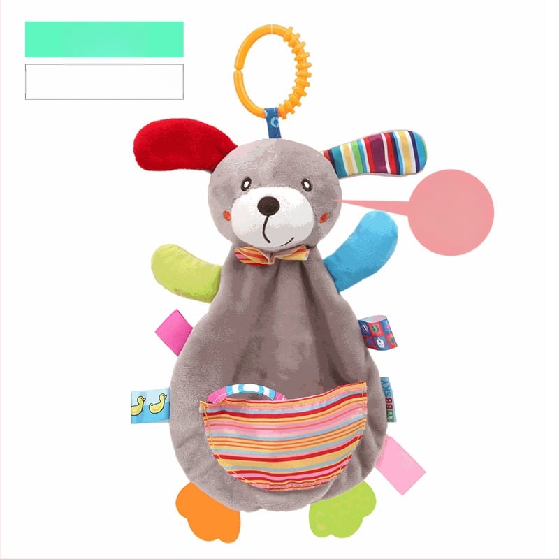 Minkšta pliušinė žaislas kūdikiams su zvoneliu — kramtoma, kišeninė patoguma, skatina intelektinį vystymąsi, regą, ropojimą, rankos‑akių koordinaciją, jutiminį vystymąsi