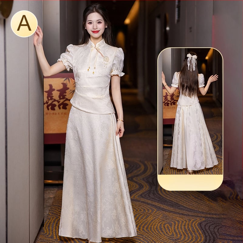 Китайски стил рокля за шаферки със стоечна яка, дълги ръкави и дълга пола; полиестер ≥95% с вторичен плат 30–50%