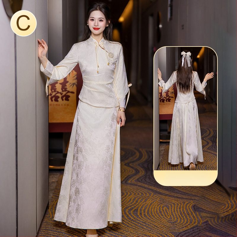 Китайски стил рокля за шаферки със стоечна яка, дълги ръкави и дълга пола; полиестер ≥95% с вторичен плат 30–50%