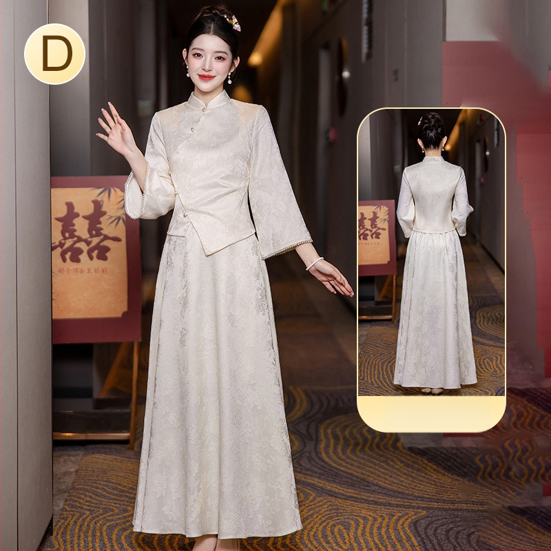 Китайски стил рокля за шаферки със стоечна яка, дълги ръкави и дълга пола; полиестер ≥95% с вторичен плат 30–50%