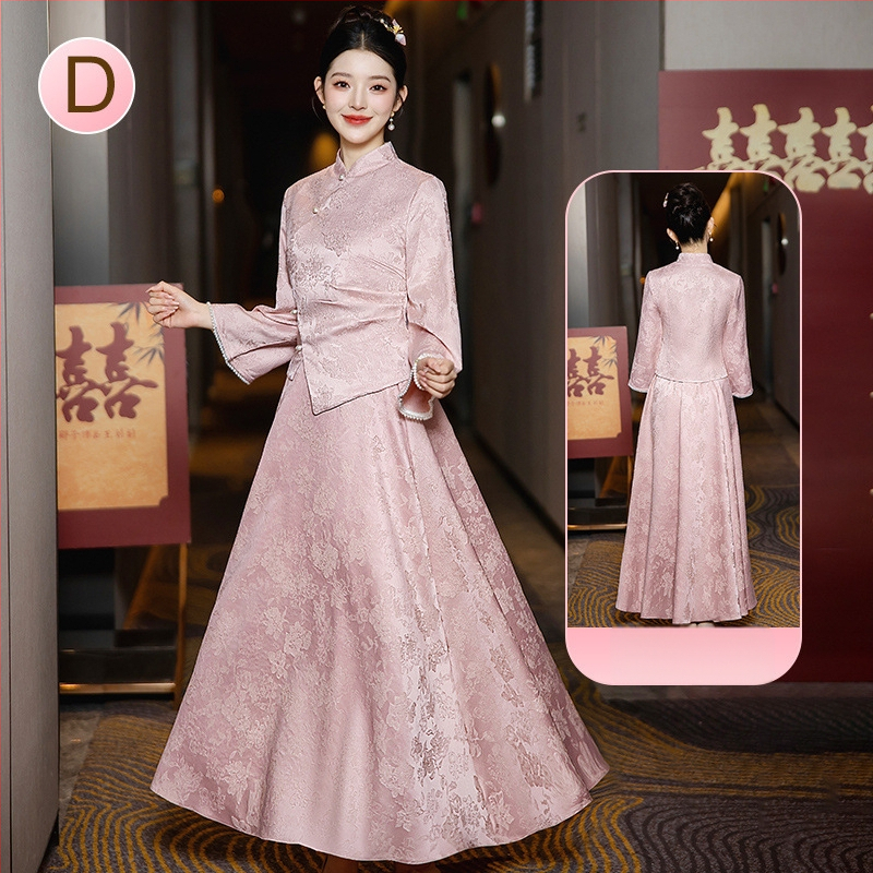 Китайски стил рокля за шаферки със стоечна яка, дълги ръкави и дълга пола; полиестер ≥95% с вторичен плат 30–50%