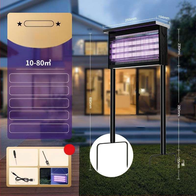 Kültéri napelemes szúnyogirtó lámpa - vízálló, újratölthető, UV-lila fény csapda, 200 m²+ lefedettség