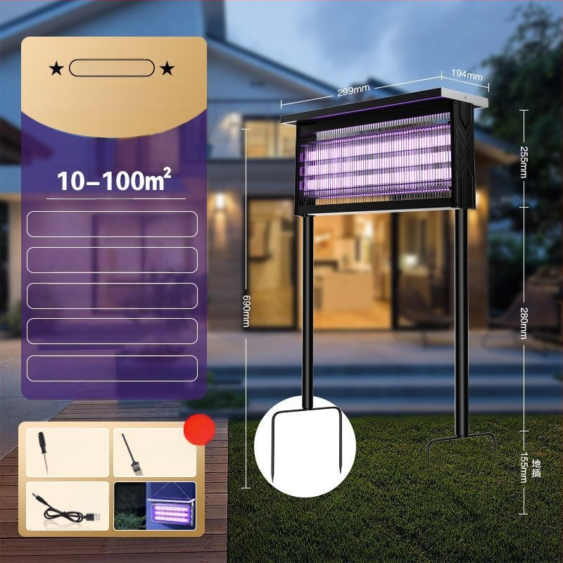 Kültéri napelemes szúnyogirtó lámpa - vízálló, újratölthető, UV-lila fény csapda, 200 m²+ lefedettség