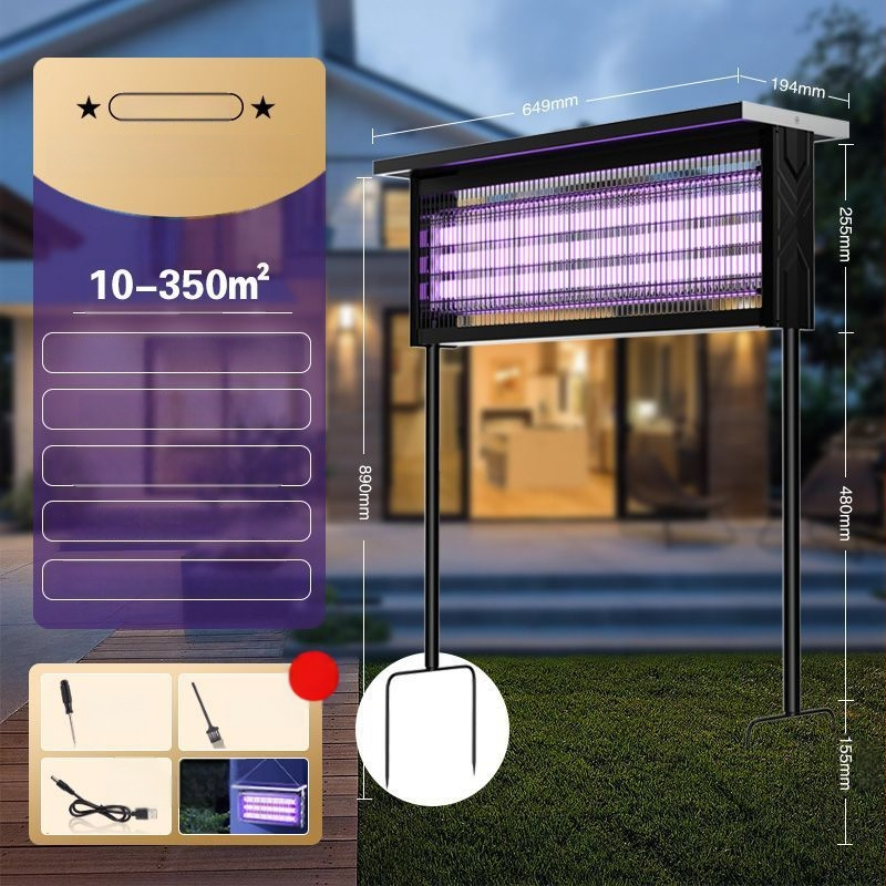 Kültéri napelemes szúnyogirtó lámpa - vízálló, újratölthető, UV-lila fény csapda, 200 m²+ lefedettség