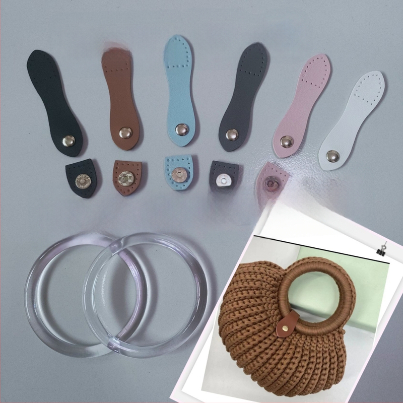Χειροποίητο αξεσουάρ για τσάντες - μαγνητικό δερμάτινο κούμπωμα, κυκλικό διαφανές στοιχείο, πλεκτό υλικό με κοχύλι