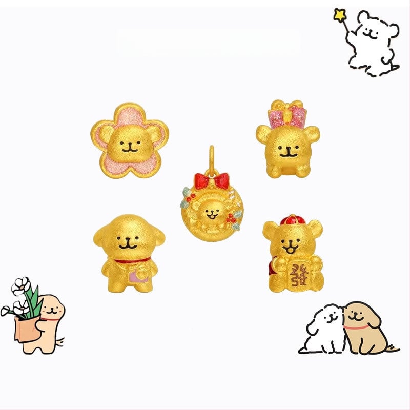 Bead pentru brățară cu cățeluș desen animat — Aur alluvial, placare 24K, electroplacare, unisex, Primăvara 2025
