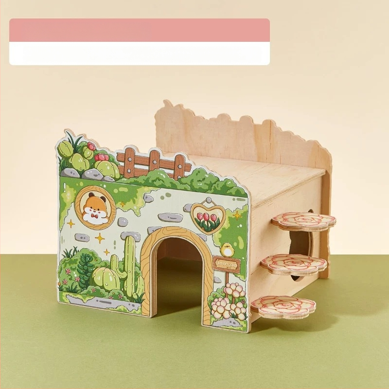 Ξύλινο σπίτι για χάμστερ με σκάλα φωλιάς, πλατφόρμα παρατήρησης, γέφυρα και κρυψώνα